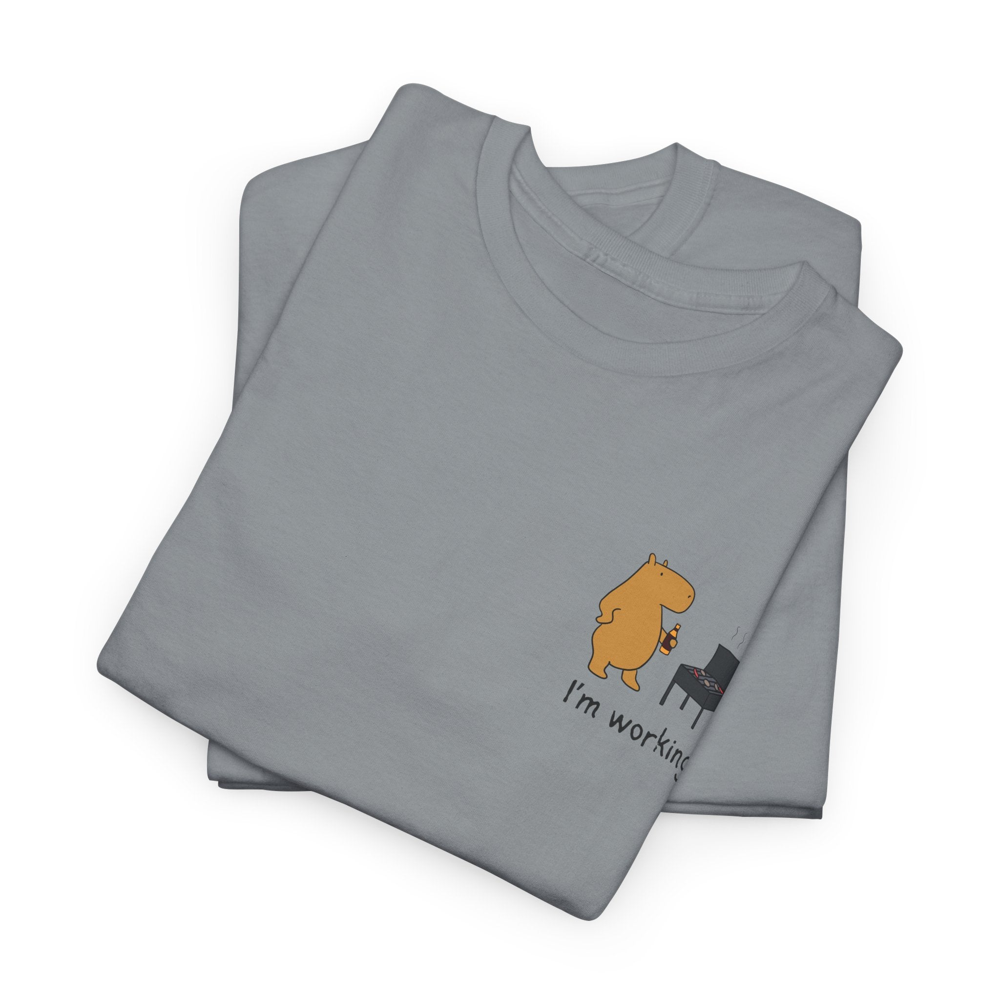 "I'm working"- Funny Grilling Capybara Left Logo Heavy Tee