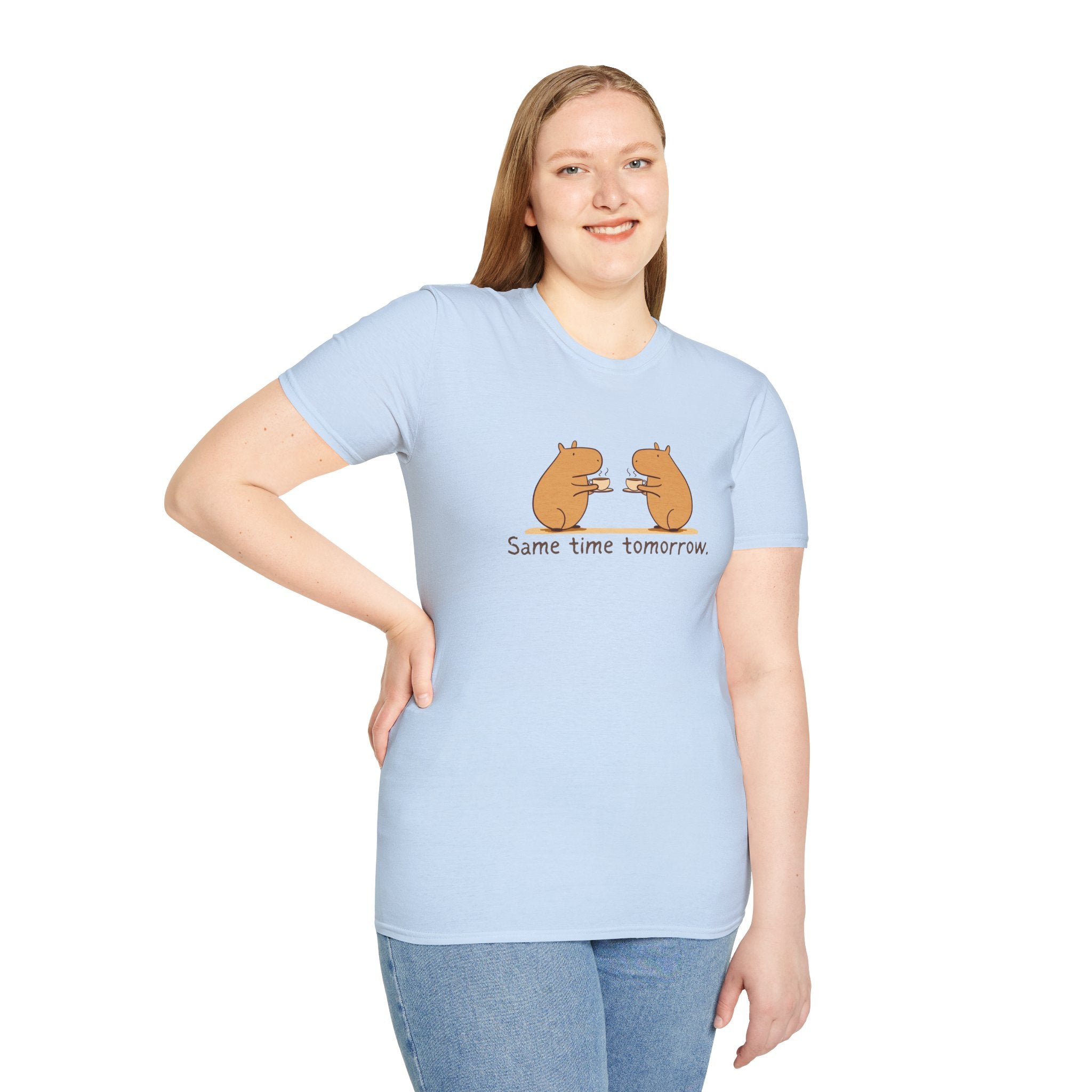 "Same Time Tomorrow" Coffee Lover Capybara Softstyle Tee