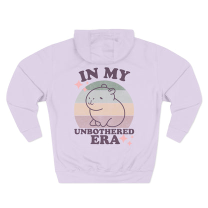 In My Unbothered Era Hoodie – Capybara Front Logo + Retro Sun Back Print – Premium Lane Seven Fleece Hoodie