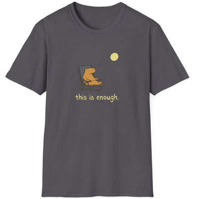 Dark gray t-shirt with a graphic of a capybara watching the moon and the text "this is enough" on a white background