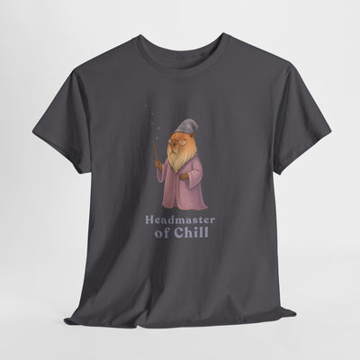 Charcoal gray t-shirt with illustration of a smiling wizard wearing a purple robe and hat, text "Headmaster of Chill