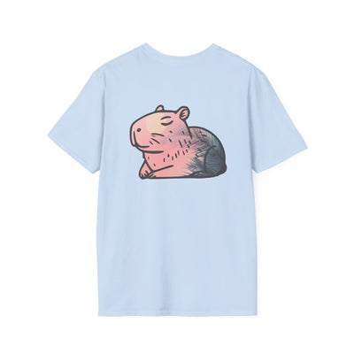 Unisex t-shirt with relaxed fit featuring a pink cartoon capybara graphic in a pastel blue background