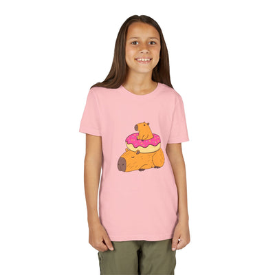 Capy Life youth pink cotton t-shirt featuring a cute graphic of two capybaras and a pink donut on the front