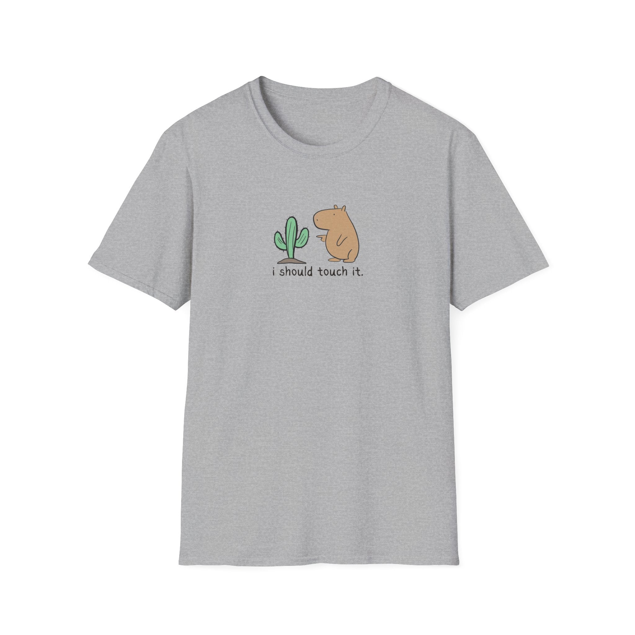 Gray short-sleeve crewneck t-shirt featuring a cute graphic of a small green cactus and a brown capybara with the text 'i should touch it.' printed on the chest, displayed against a solid white background.