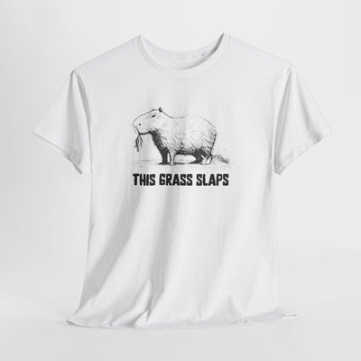 White T-shirt with a sketch of a rodent and the text "THIS GRASS SLAPS".