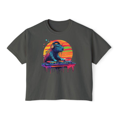 Charcoal gray women's boxy shirt with colorful digital art illustration of a capybara DJ mixing music on turntables.