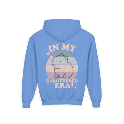 Blue kids hoodie with cartoon character and text "In My Unbothered Era