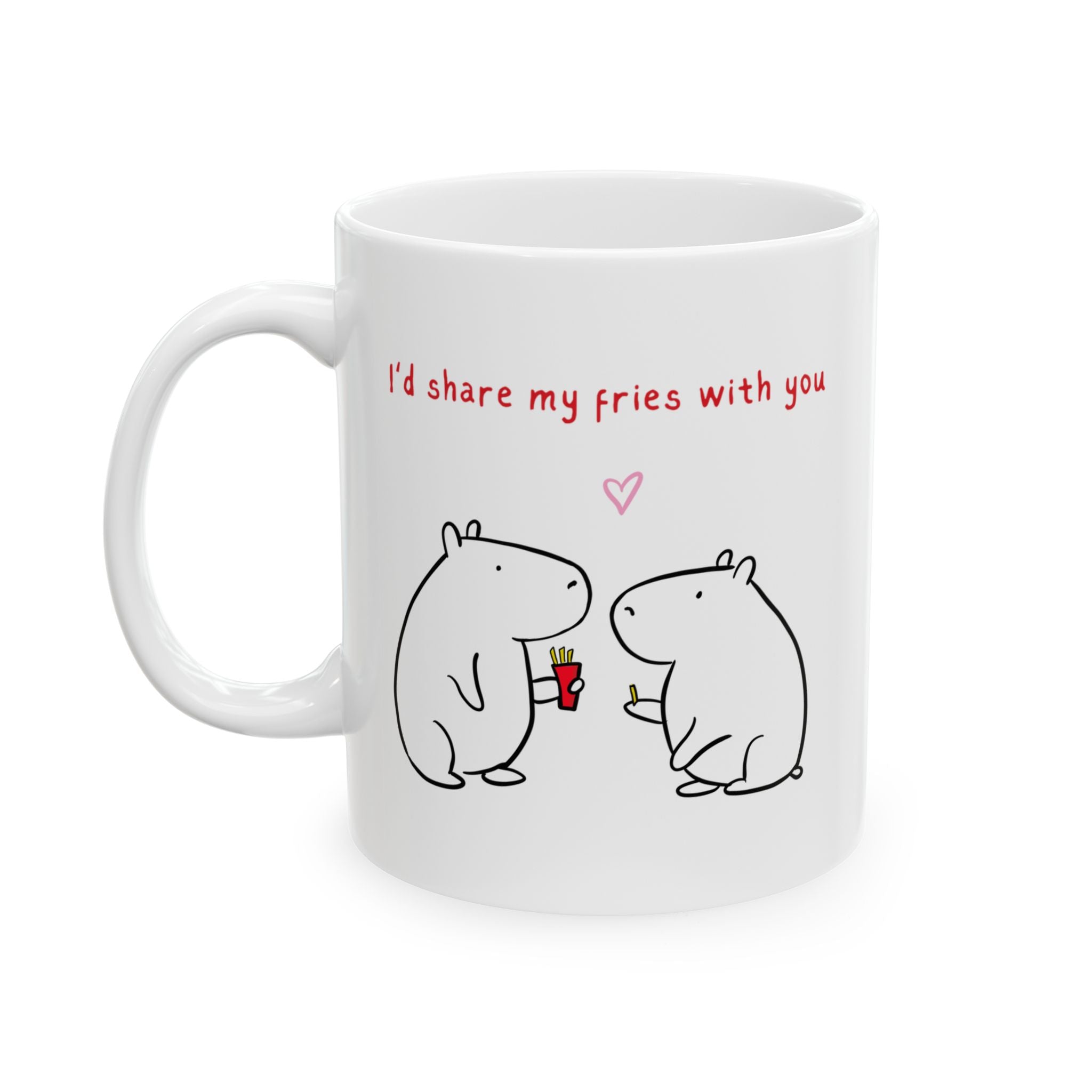 White ceramic mug with whimsical black-and-white capybara characters and text "I'd share my fries with you