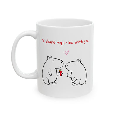White ceramic mug with whimsical black-and-white capybara characters and text "I'd share my fries with you