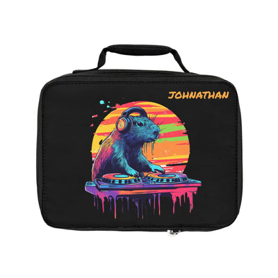 Personalized insulated lunchbox featuring a colorful illustration of a capybara DJ wearing headphones on a sunset backdrop