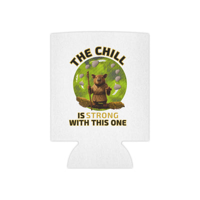 White can cooler with a green circle graphic featuring a capybara character in Jedi-style robes holding a staff, alongside the text "The Chill Is Strong With This One".