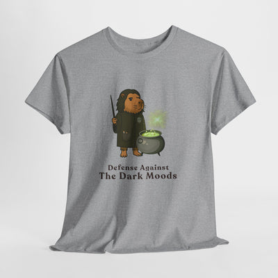 Gray t-shirt with illustrated wizard character holding cauldron, text "Defense Against the Dark Moods