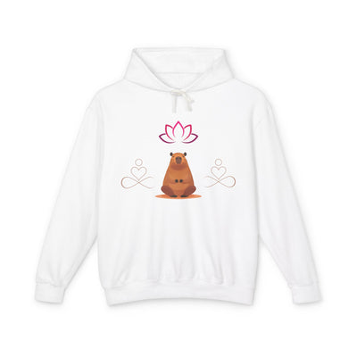 Lightweight white hoodie with illustration of a sitting bear below a lotus flower and heart symbols