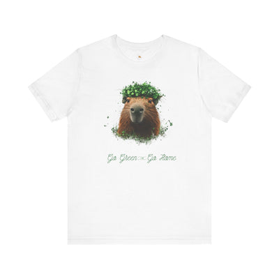 White unisex t-shirt with a graphic of a capybara wearing a clover crown and the text "Go Green - Go Home