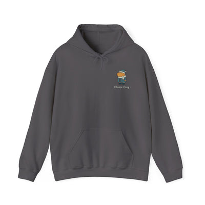 Gray hooded sweatshirt with a minimalist capybara graphic and "Choose Cozy" text on the chest