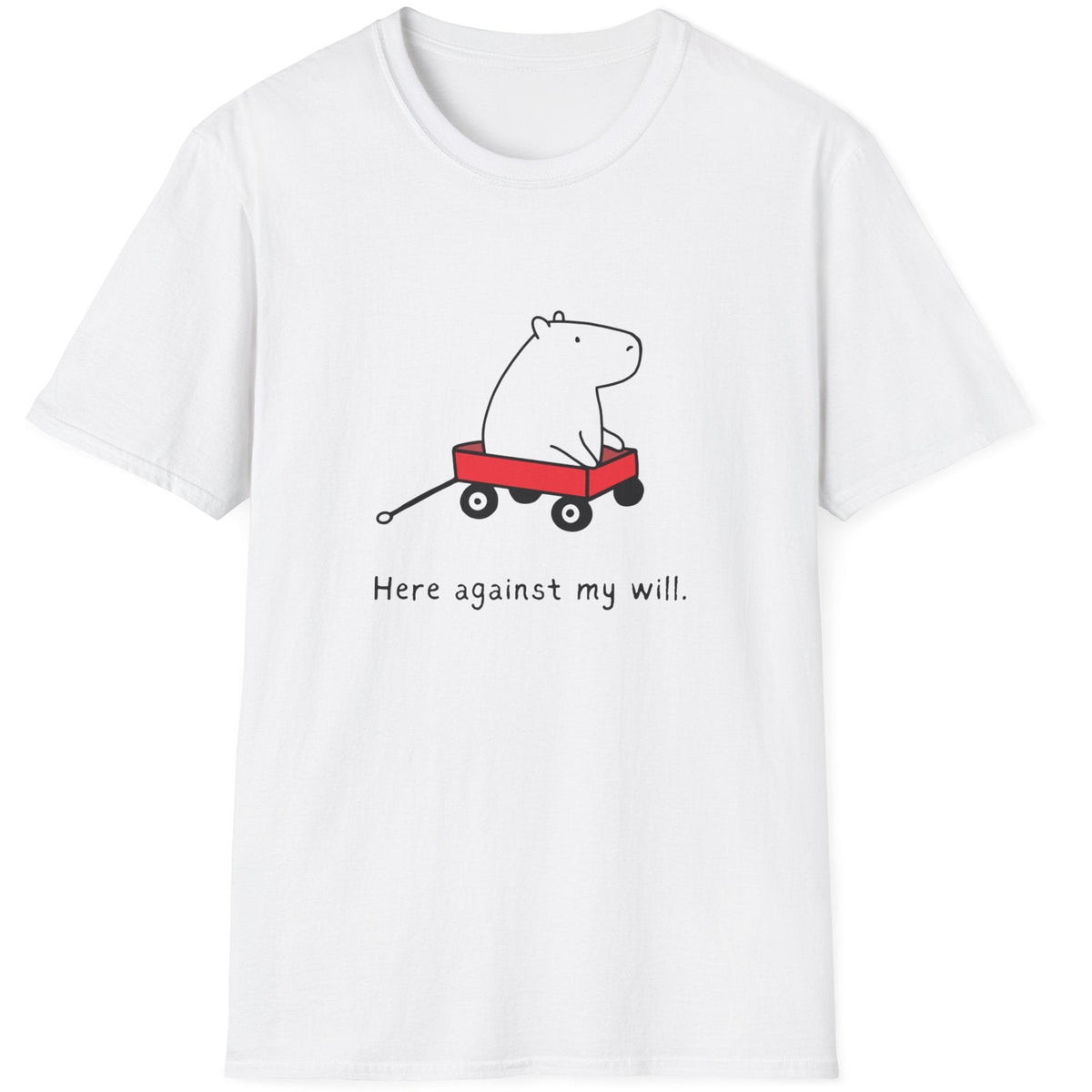 White t-shirt with a graphic of a capybara in a red wagon and humorous text on a white background