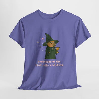 Purple t-shirt with an illustration of a wizard-like character holding a cup, and text "Professor of the Unbothered Arts".