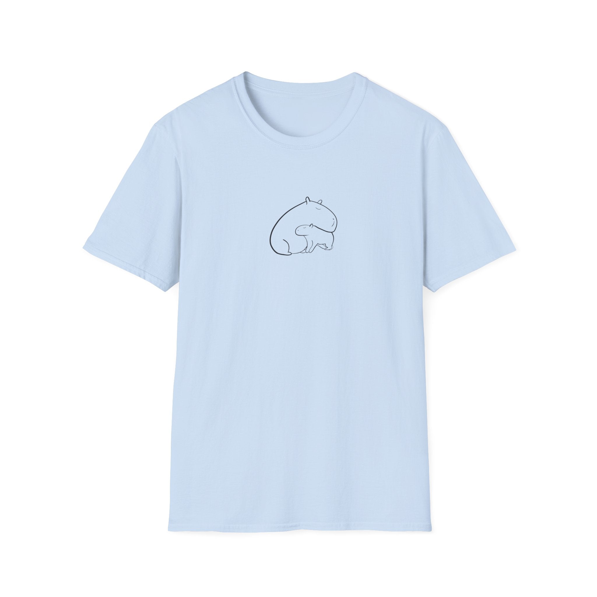 Light blue shirt with two hand drawn capybaras cuddling on the front on a white background