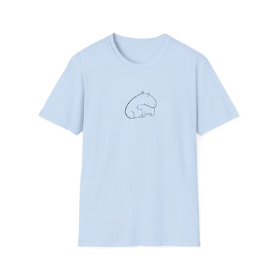 Light blue shirt with two hand drawn capybaras cuddling on the front on a white background