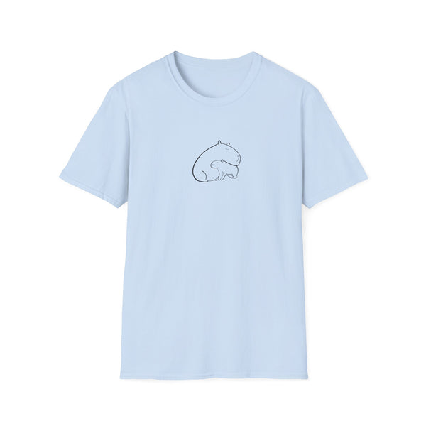 Light blue shirt with two hand drawn capybaras cuddling on the front on a white background