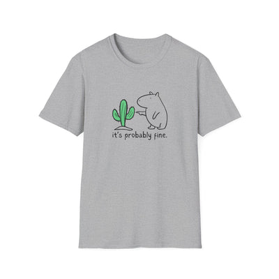 Funny gray t-shirt with a graphic of a capybara touching a cactus and text 'it's probably fine' on a white background