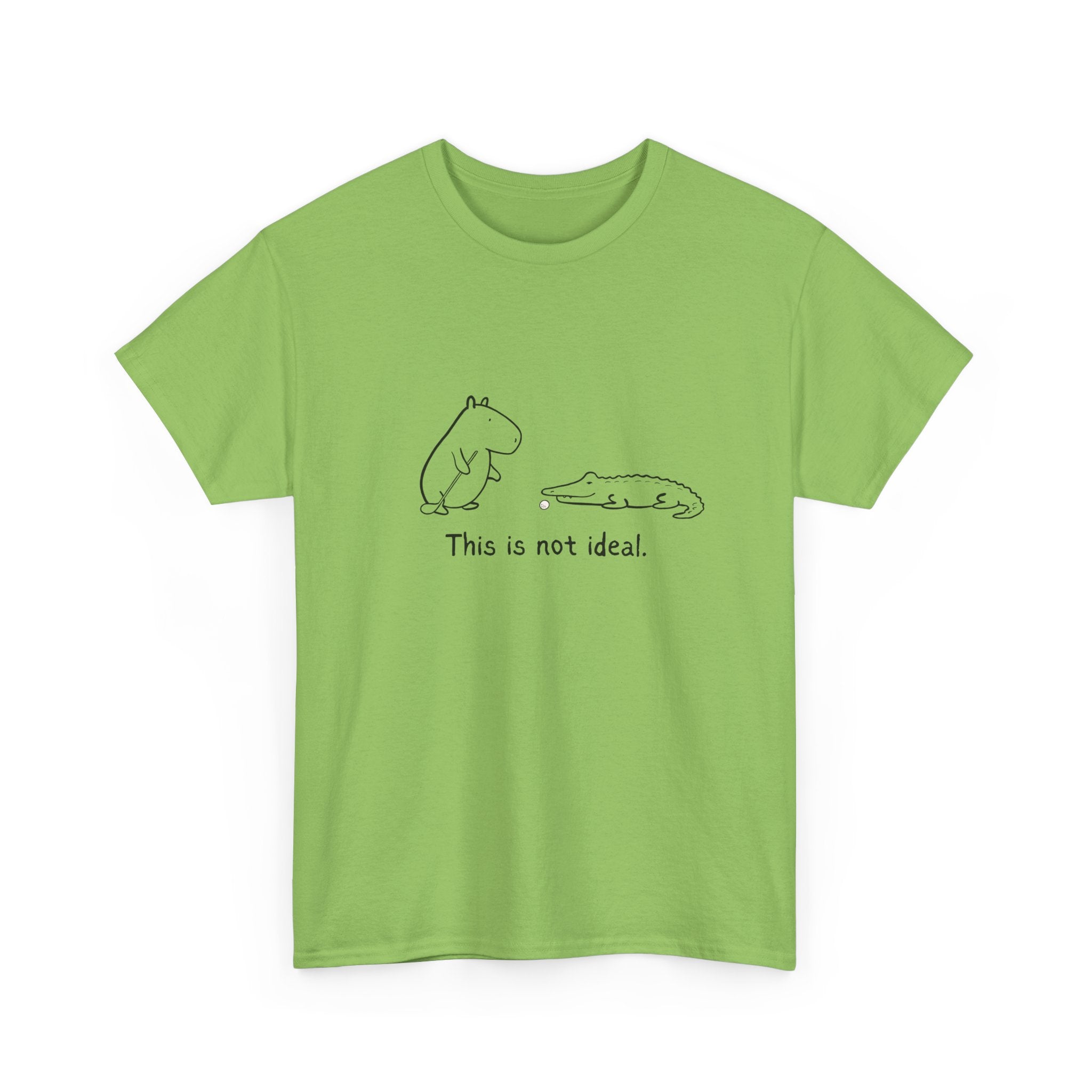 Green t-shirt with a capybara and alligator graphic and text 'This is not ideal' on a white background