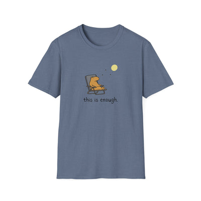 Blue t-shirt with a graphic of a capybara sitting on a chair under a moon and the text 'this is enough' on a white background.