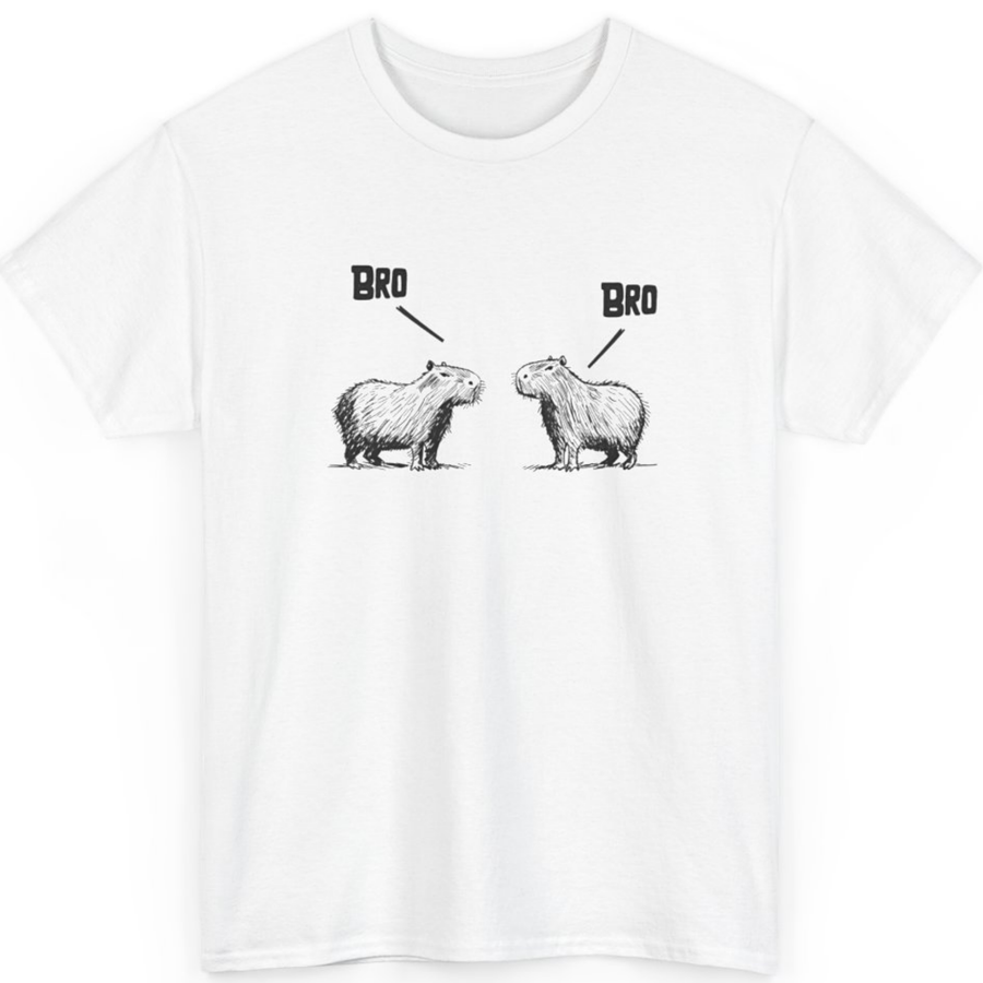 A white short-sleeve crewneck t-shirt featuring a black graphic of two capybaras facing each other, with speech bubbles above them reading 'BRO'.