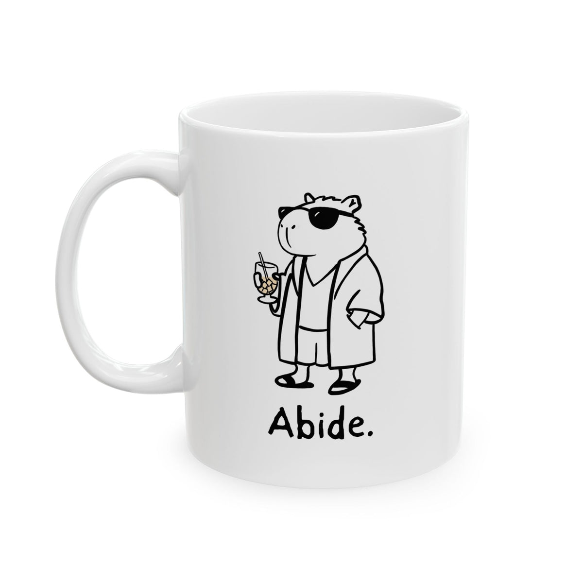 Capy Life white ceramic coffee mug featuring a minimalist illustration of a chill capybara wearing sunglasses.