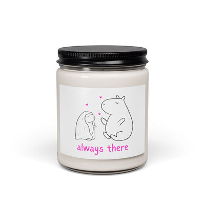 Capy Life Always There sea salt orchid scent soy wax candle in a glass jar with a minimalist capybara doodle and pink heart design.
