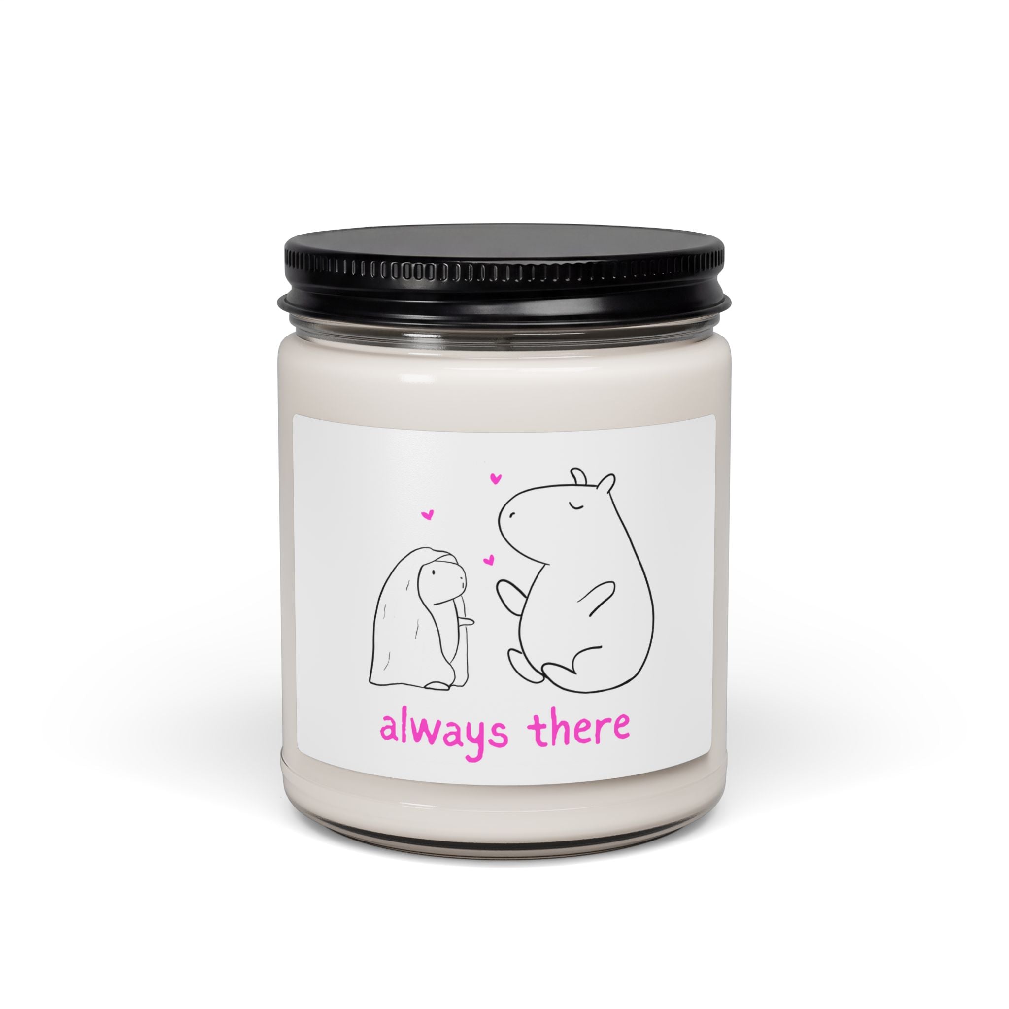 Capy Life Always There clean cotton scent soy wax candle in a glass jar with a minimalist capybara doodle and pink heart design.