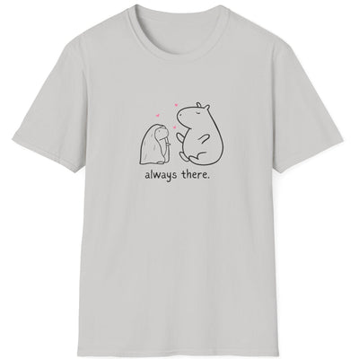 Capy Life light grey softstyle t-shirt featuring a hand-drawn capybara and bunny with hearts and always there text.