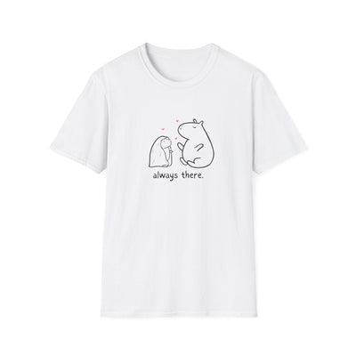 Capy Life white softstyle t-shirt featuring a minimalist hand-drawn capybara and bunny with hearts and always there text