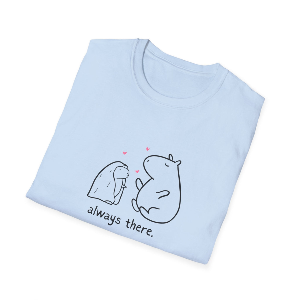 Capy Life light blue softstyle t-shirt featuring a hand-drawn capybara and bunny with hearts and always there text.