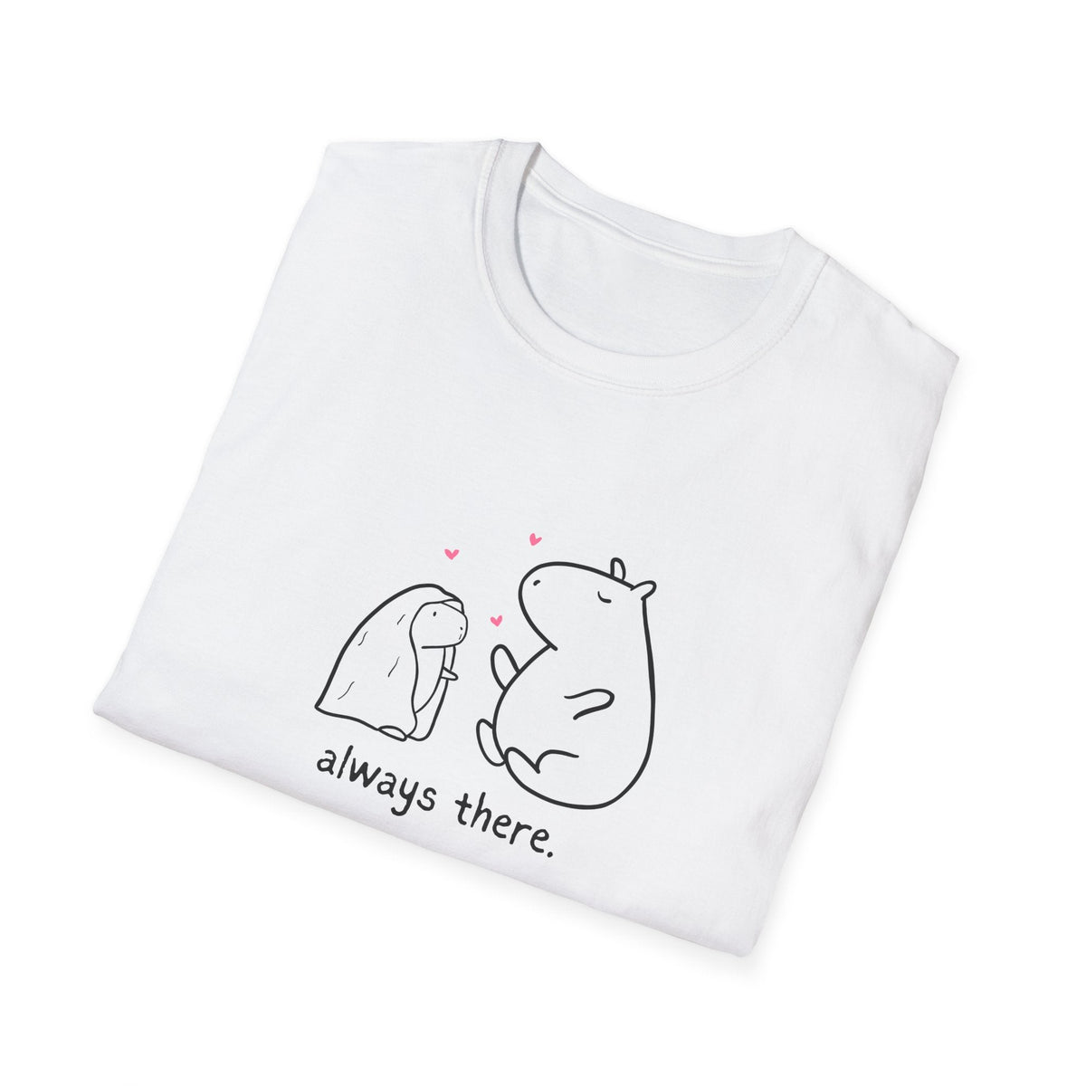Capy Life white softstyle t-shirt featuring a hand-drawn capybara and bunny with hearts and text always there.
