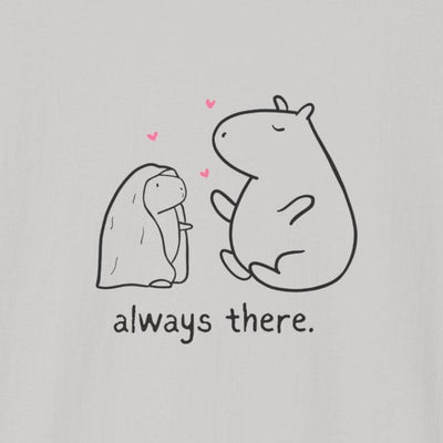 Capy Life Always There softstyle tee featuring a hand-drawn capybara and bunny with small pink hearts