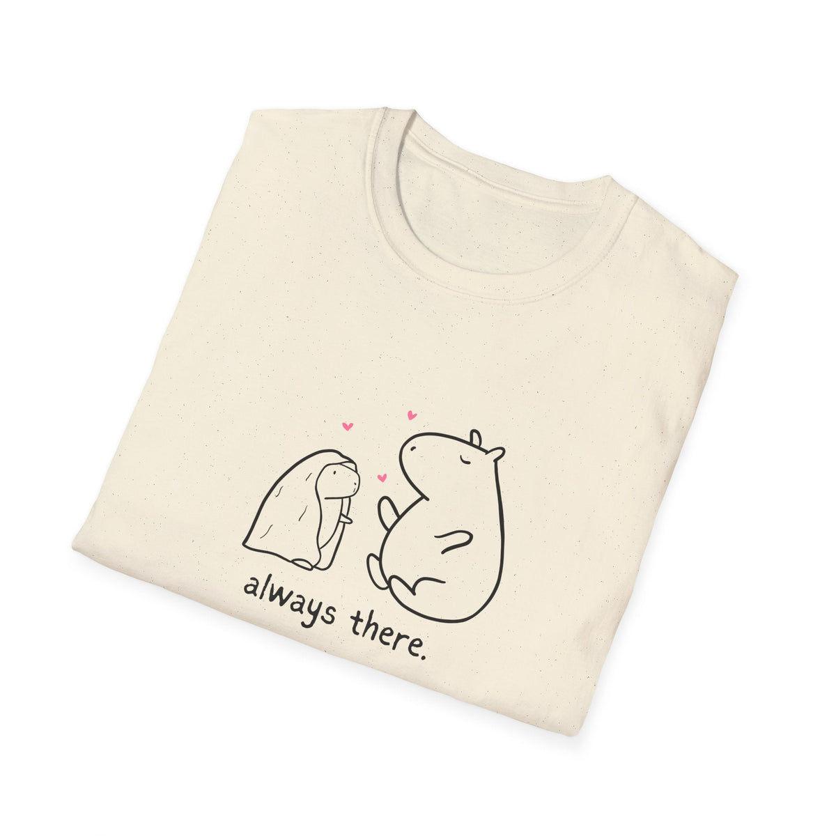 Capy Life Always There softstyle tee in cream featuring a hand-drawn capybara and bunny with small pink hearts.