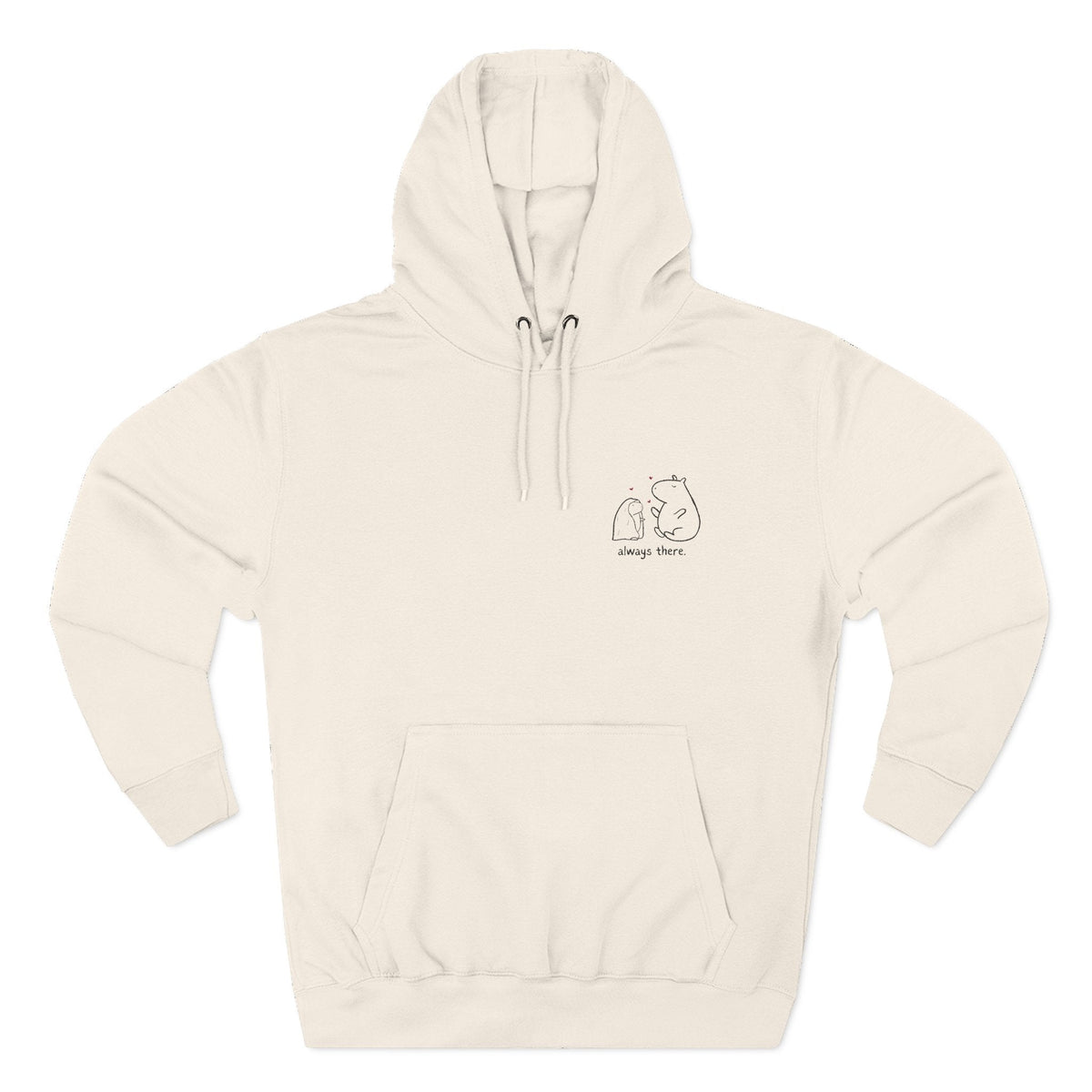 Capy Life cream-colored premium hoodie featuring a minimalist capybara illustration and the text always there.