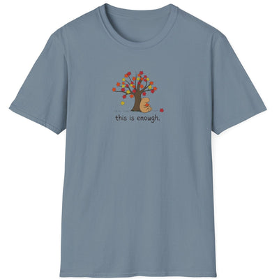 Capy Life softstyle t-shirt in slate blue featuring a hand-drawn capybara under an autumn tree with falling leaves.