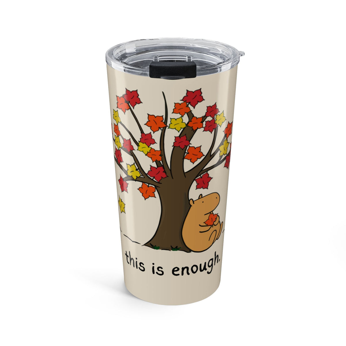 Capy Life insulated travel tumbler with a cream background, featuring a capybara sitting under an autumn tree.