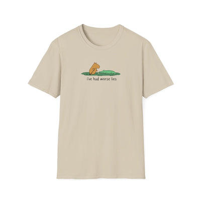 Capy Life beige softstyle t-shirt featuring a hand-drawn illustration of Gene the capybara and an alligator.