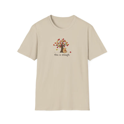 Capy Life softstyle t-shirt in beige featuring a hand-drawn capybara under an autumn tree with the text this is enough