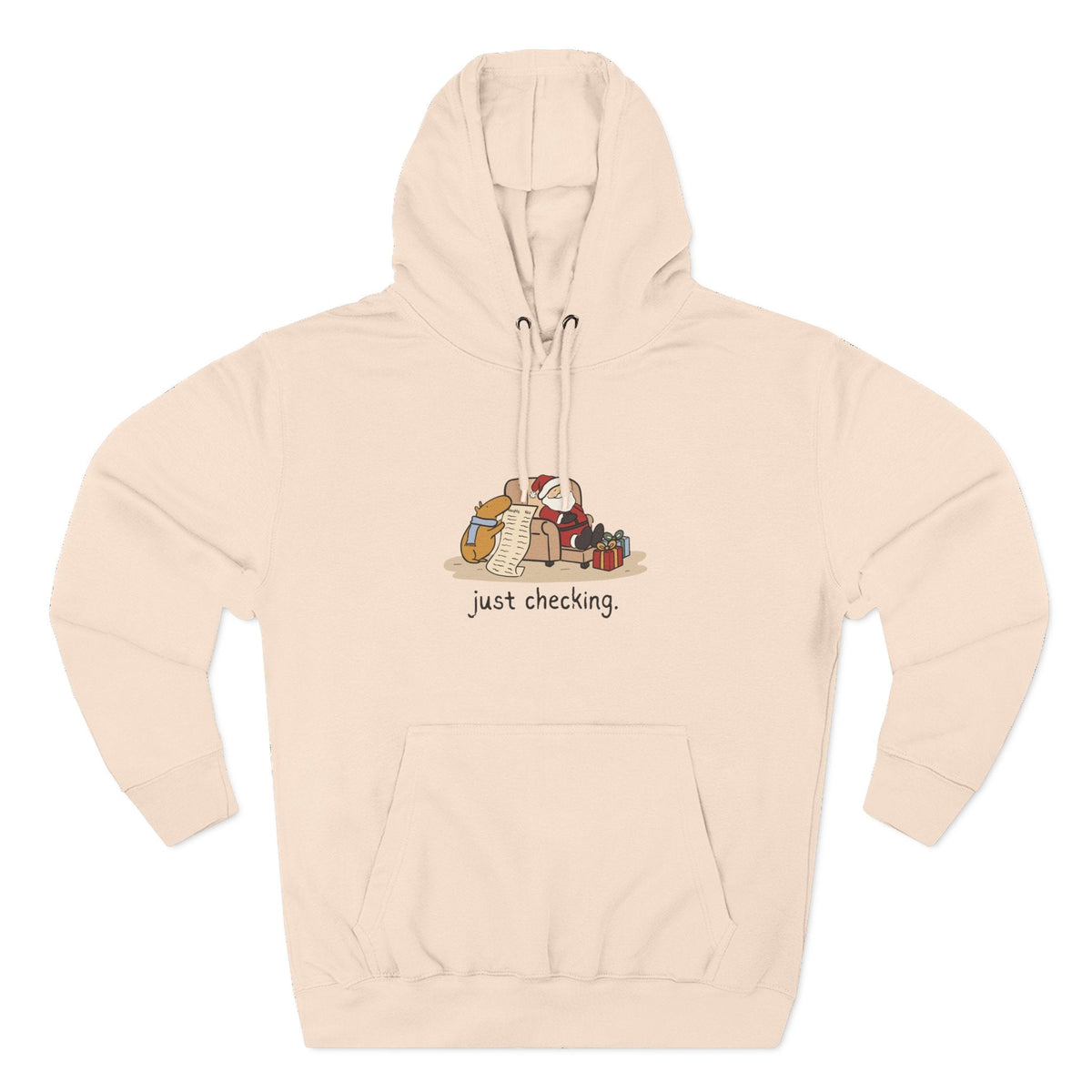Capy Life beige fleece hoodie featuring a hand-drawn capybara checking Santa's naughty-or-nice list.