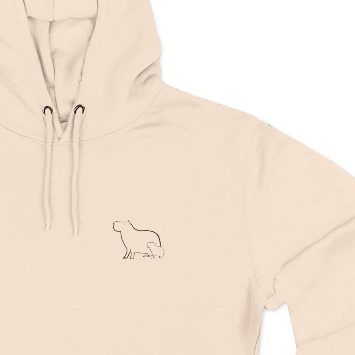 Capy Life beige premium fleece hoodie with a small embroidered mama and baby capybara design on the left chest.