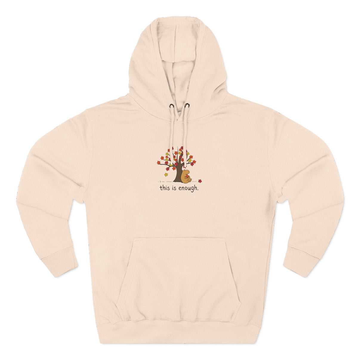 Capy Life beige fleece hoodie featuring a graphic of a capybara under an autumn tree with the text this is enough.