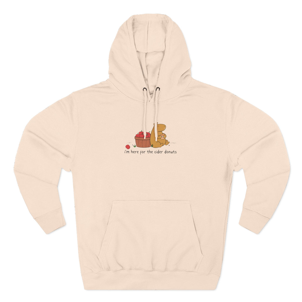 Capy Life beige fleece hoodie featuring a cute capybara illustration with apples and a cider donut graphic.