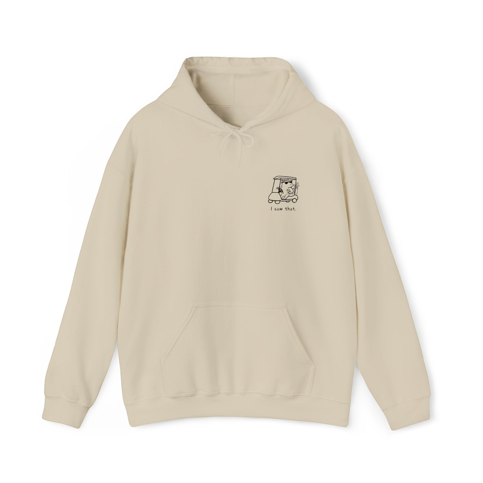 Capy Life beige minimalist hoodie featuring a small embroidered capybara in a golf cart with I saw that text.