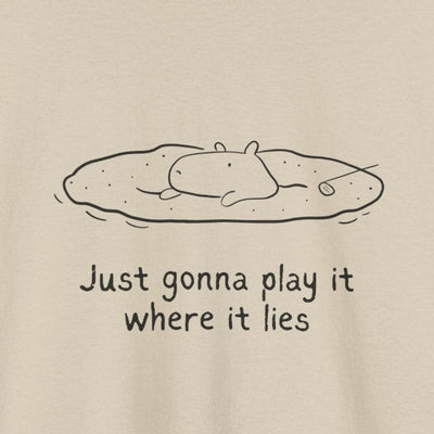 Capy Life beige heavy tee featuring a minimalist line drawing of Gene the capybara golfing with funny text.