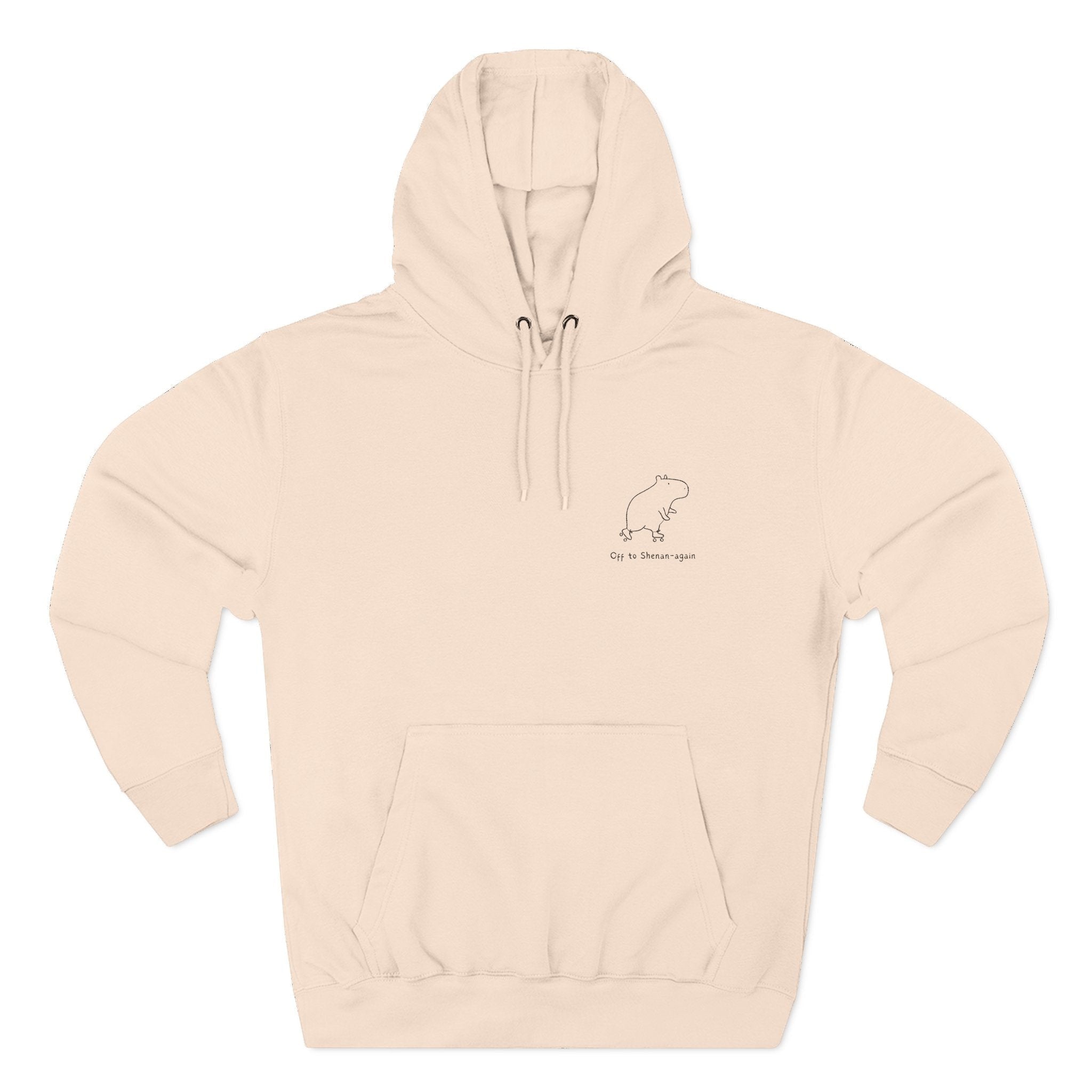 Capy Life beige premium hoodie with a minimalist embroidered capybara graphic and Off to Shenan-again text.