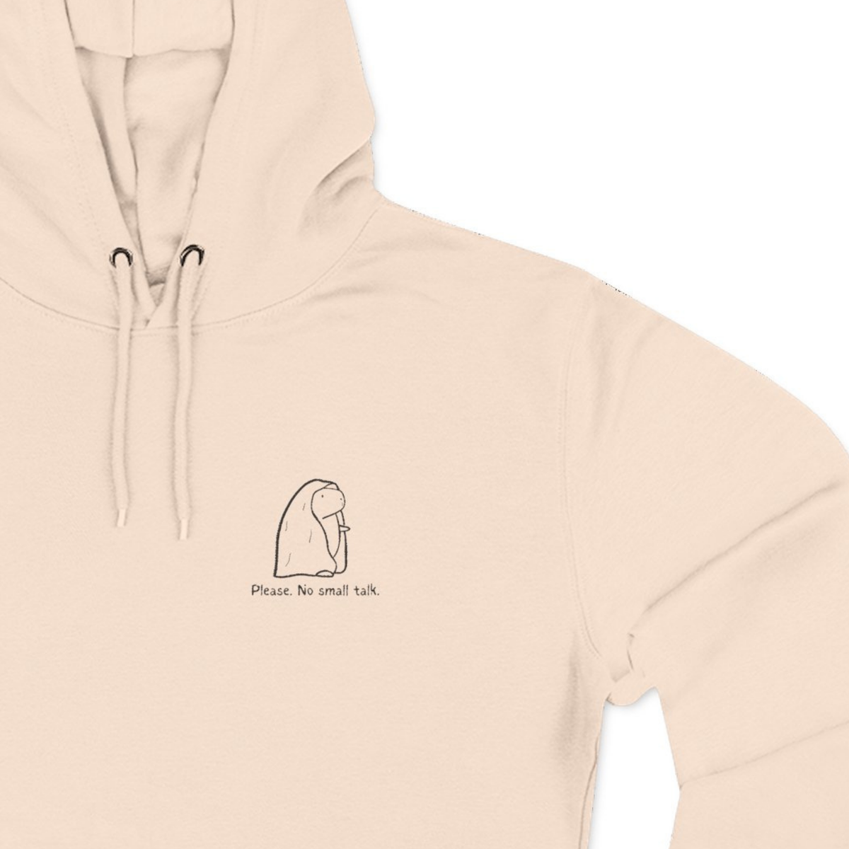 Capy Life beige fleece hoodie with a small embroidered capybara and the text Please, No Small Talk on the chest.